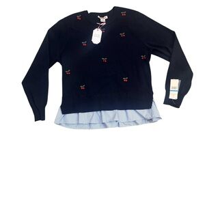 Nanette Lepore Cherry Embroidered Layered Hem Navy Sweater XL NWT